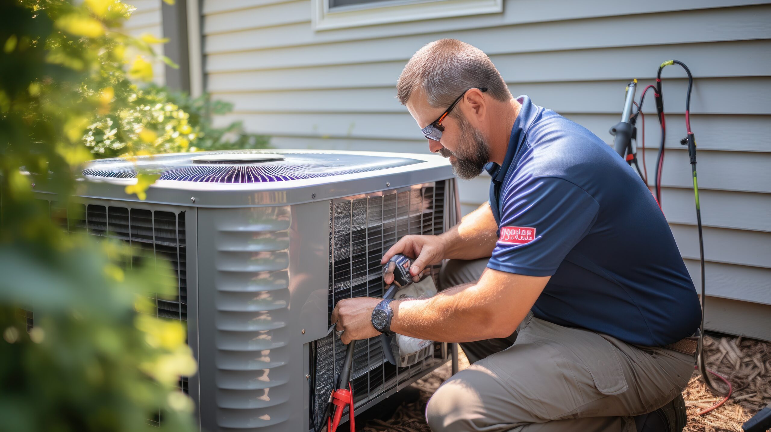 HVAC technician servicing an air conditioning unit HVAC technician servicing an air conditioning unit.