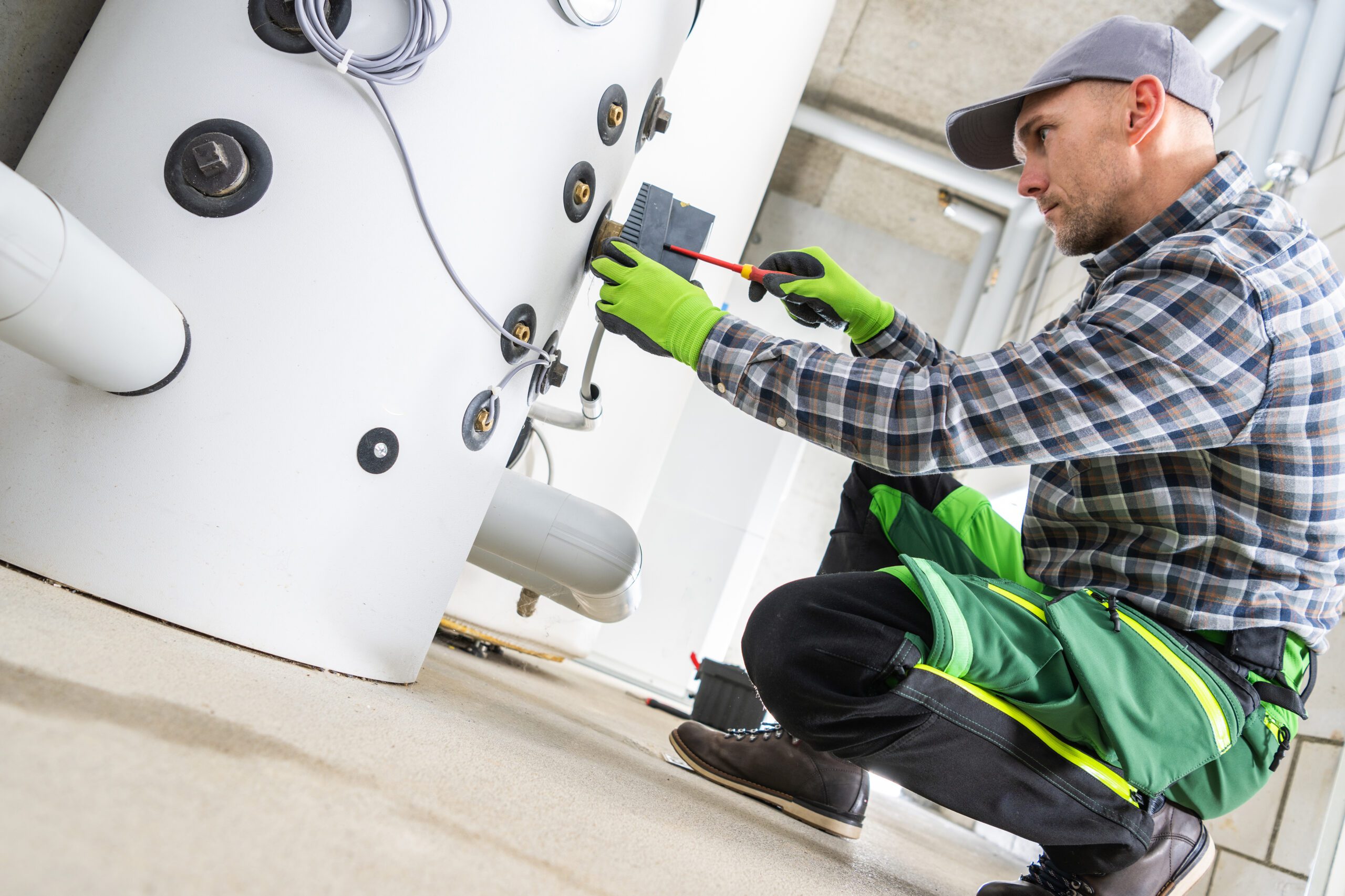 Professional HVAC Technician Contractor Finishing Hot Boiler Ins Professional HVAC Technician Contractor Finishing Hot Boiler Installation. Caucasian Man in His 40s. Residential Home Heating Systems.